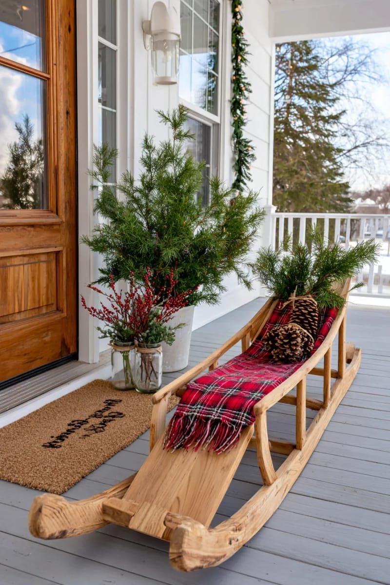 rustic sled propped by the door, decorated with thrifted plaid scarves and pinecones. 1