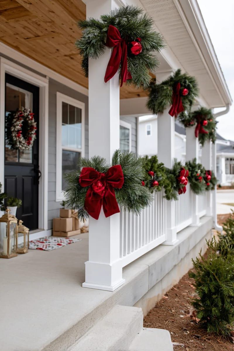 pine garland wrapped around porch columns, accented with red bows and ornaments. 1