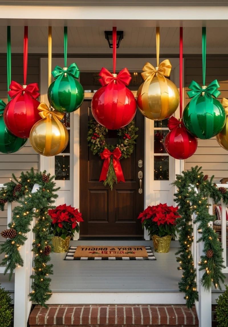 hanging oversized ornament balls made from painted plastic balls and ribbon. 1