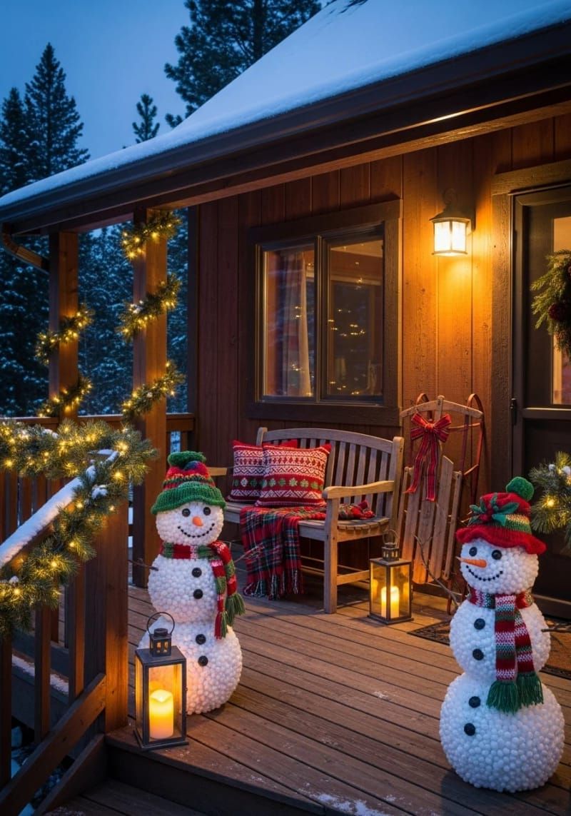 diy topiary snowmen using foam balls, thrifted hats, and scarves for porch corners. 1