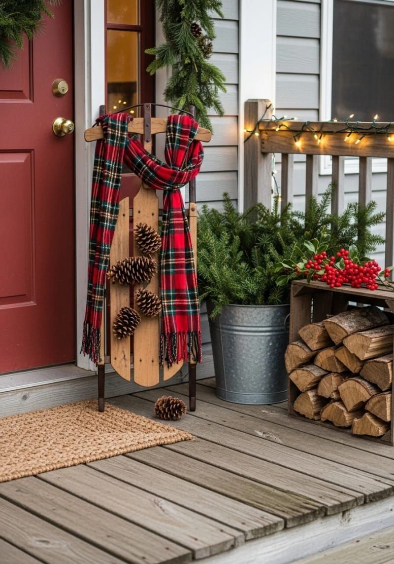 rustic sled propped by the door, decorated with thrifted plaid scarves and pinecones. 1