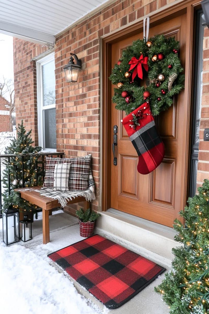 dollar store stocking overflowing with faux pine, berries, ornaments, and bells. 1