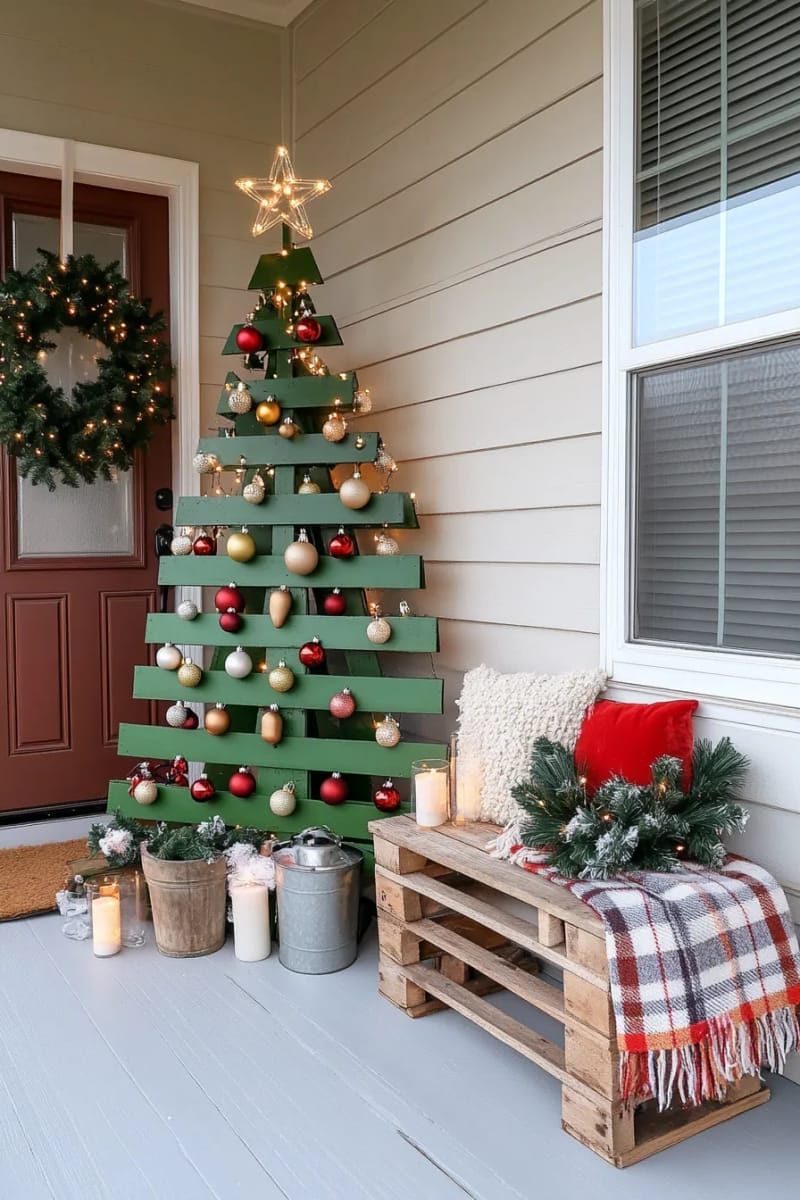 diy pallet christmas tree, painted green and adorned with assorted dollar ornaments. 1