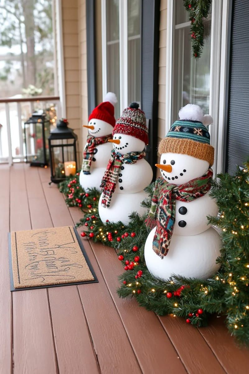 diy topiary snowmen using foam balls, thrifted hats, and scarves for porch corners. 1