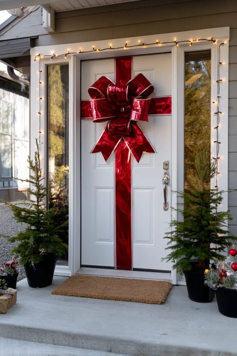 giant red ribbon bow door wrap, transforming your entry into a festive present. 1