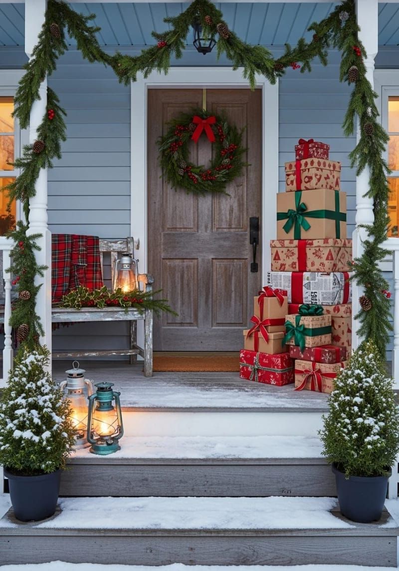 upcycled cardboard gift boxes stacked and tied with ribbon for faux presents. 1