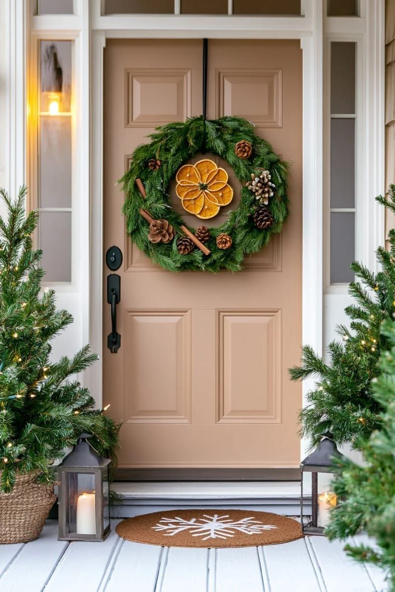 wreath made from dried orange slices, cinnamon sticks, and greenery for the door. 1