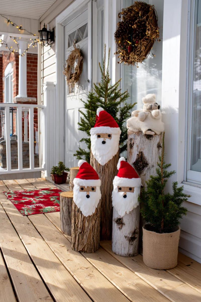 painted wooden log santas with felt hats to greet guests at your entryway. 1