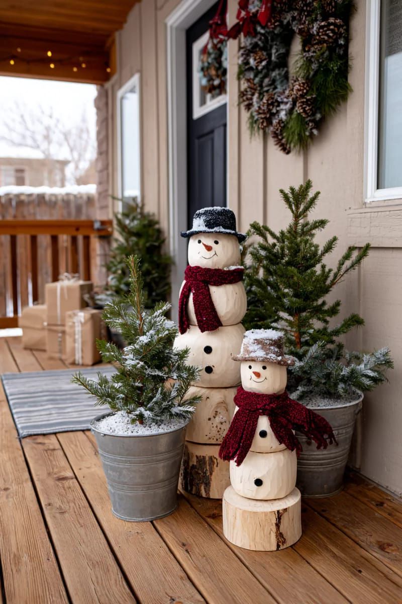 wooden snowman family from painted tree slices, arranged beside potted evergreens. 1