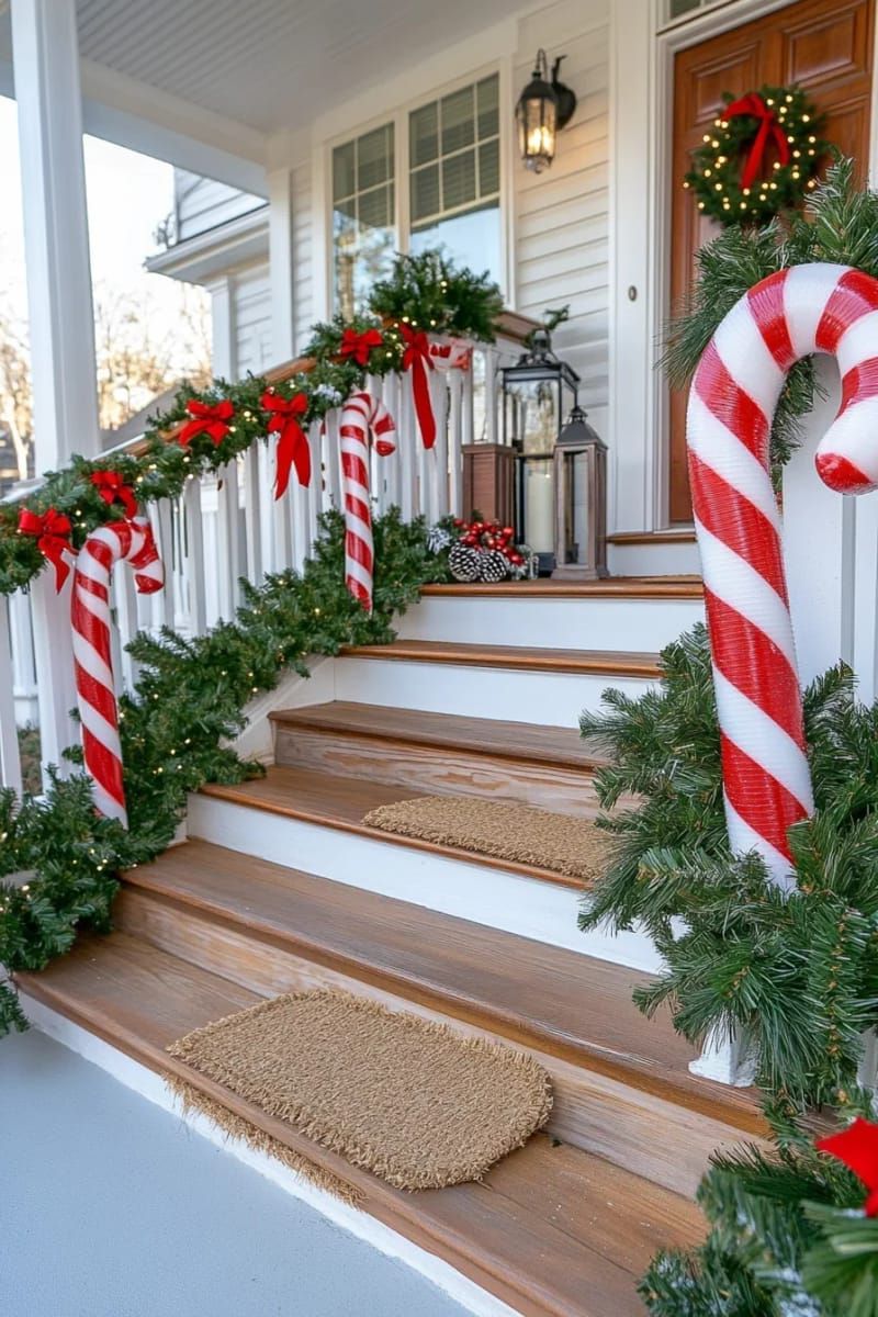 upcycled pool noodle candy canes lining your porch steps with bold stripes. 1