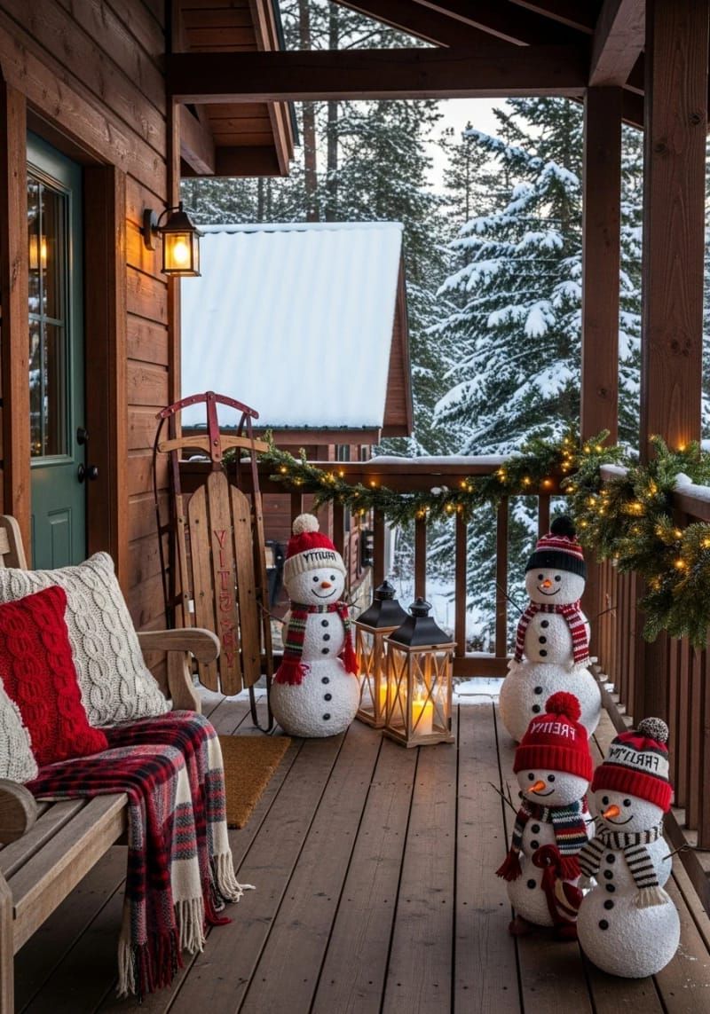 diy topiary snowmen using foam balls, thrifted hats, and scarves for porch corners. 1