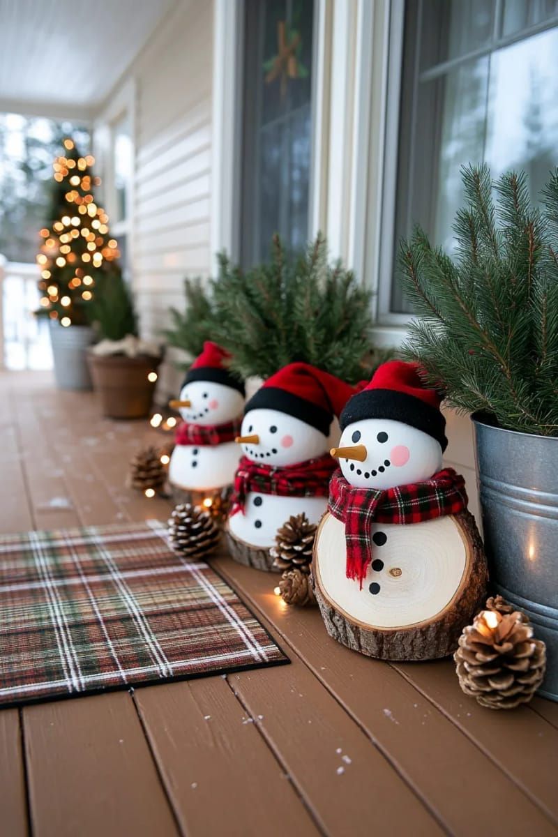 wooden snowman family from painted tree slices, arranged beside potted evergreens. 1