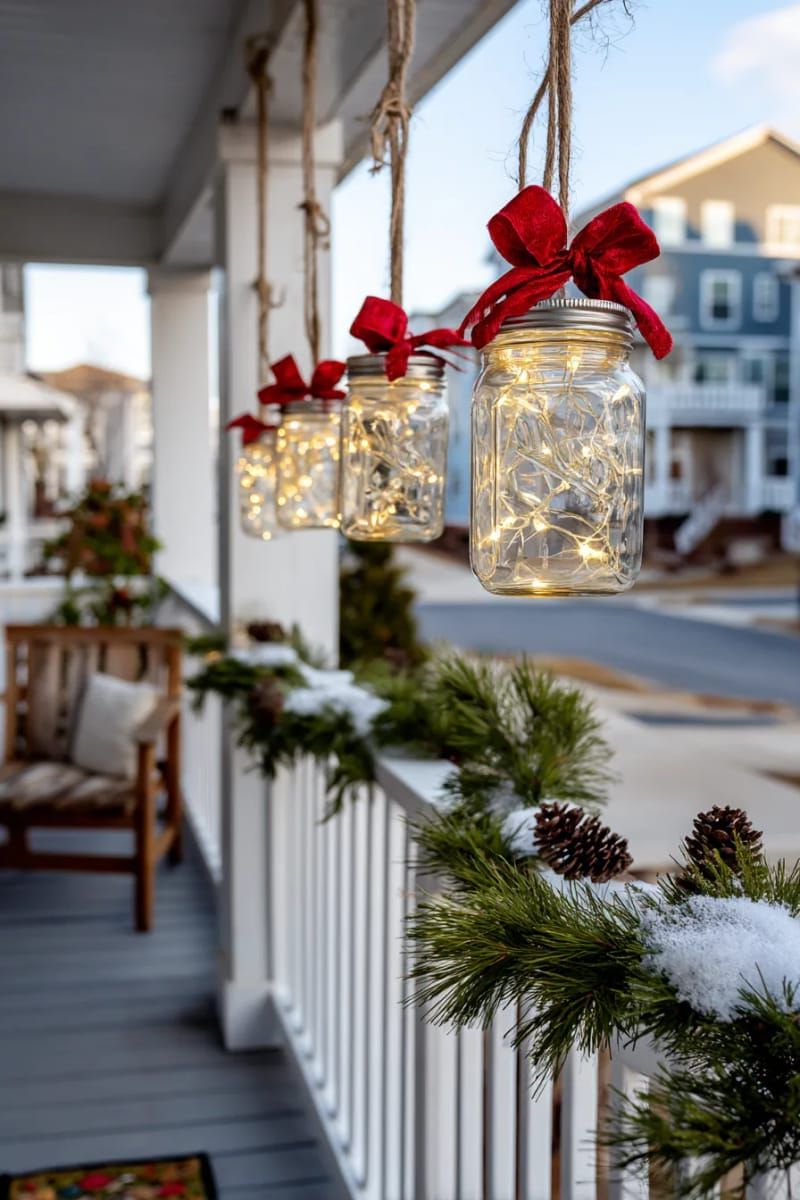 mason jar lanterns with fairy lights, hung from porch railings for magical glow. 1