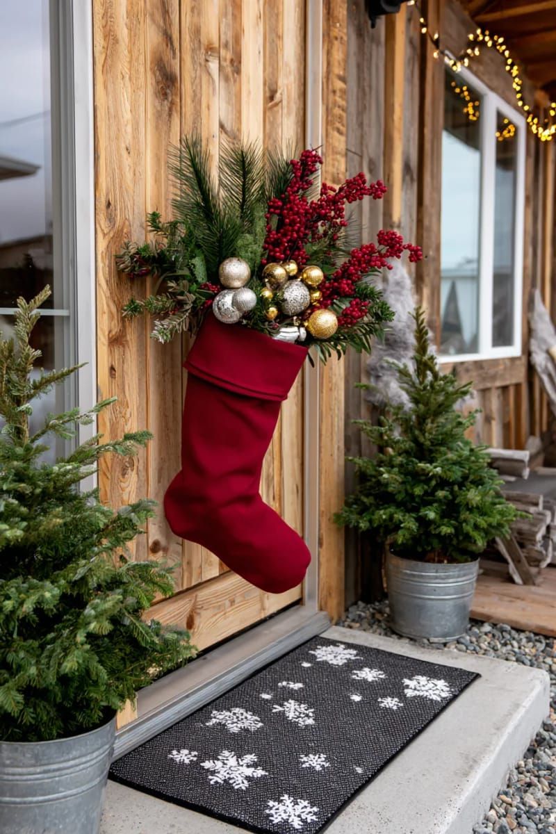 dollar store stocking overflowing with faux pine, berries, ornaments, and bells. 1