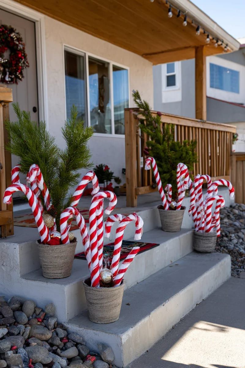 upcycled pool noodle candy canes lining your porch steps with bold stripes. 1