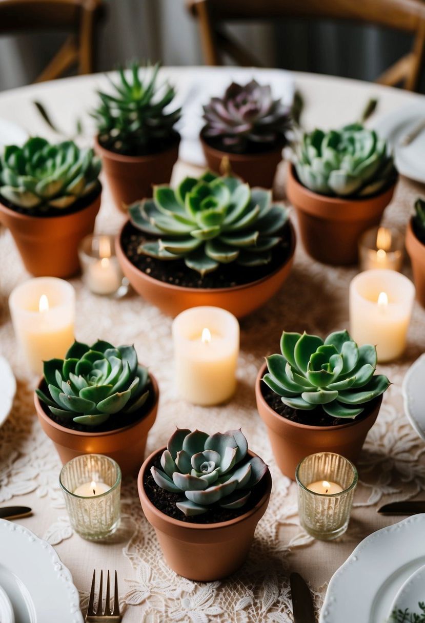 Several succulent pots arranged on a table, surrounded by delicate lace and candles, creating a charming and natural wedding centerpiece