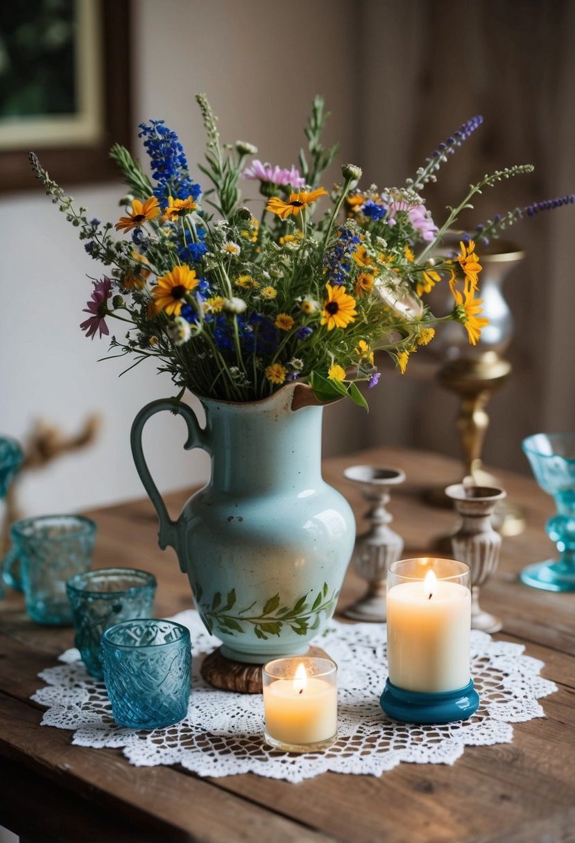 A vintage vase filled with wildflowers sits atop a lace doily, surrounded by repurposed candle holders and mismatched glassware on a rustic wooden table