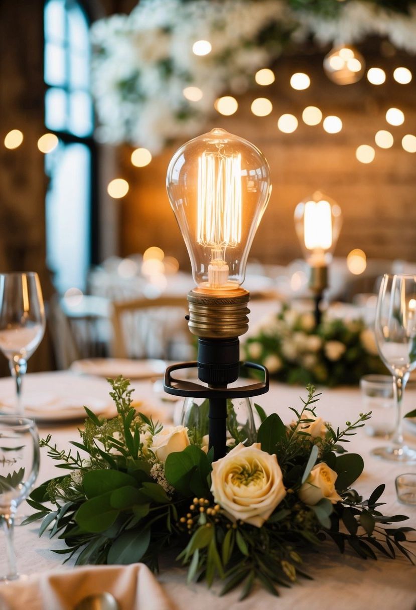 An Edison bulb table lamp illuminates a rustic wedding centerpiece with greenery and delicate florals