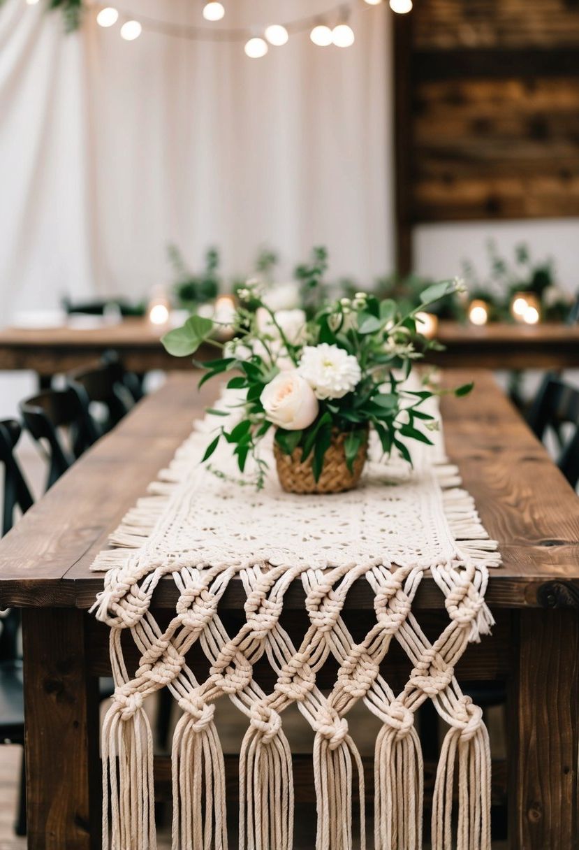 A rustic wooden table adorned with a handmade macrame table runner, featuring intricate knot patterns and fringed edges, adding a bohemian touch to a wedding reception