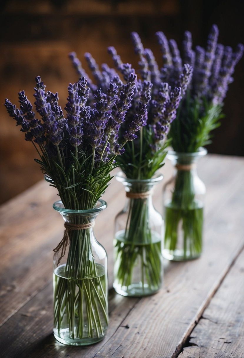 Hand-tied lavender bouquets arranged in glass vases on a rustic wooden table