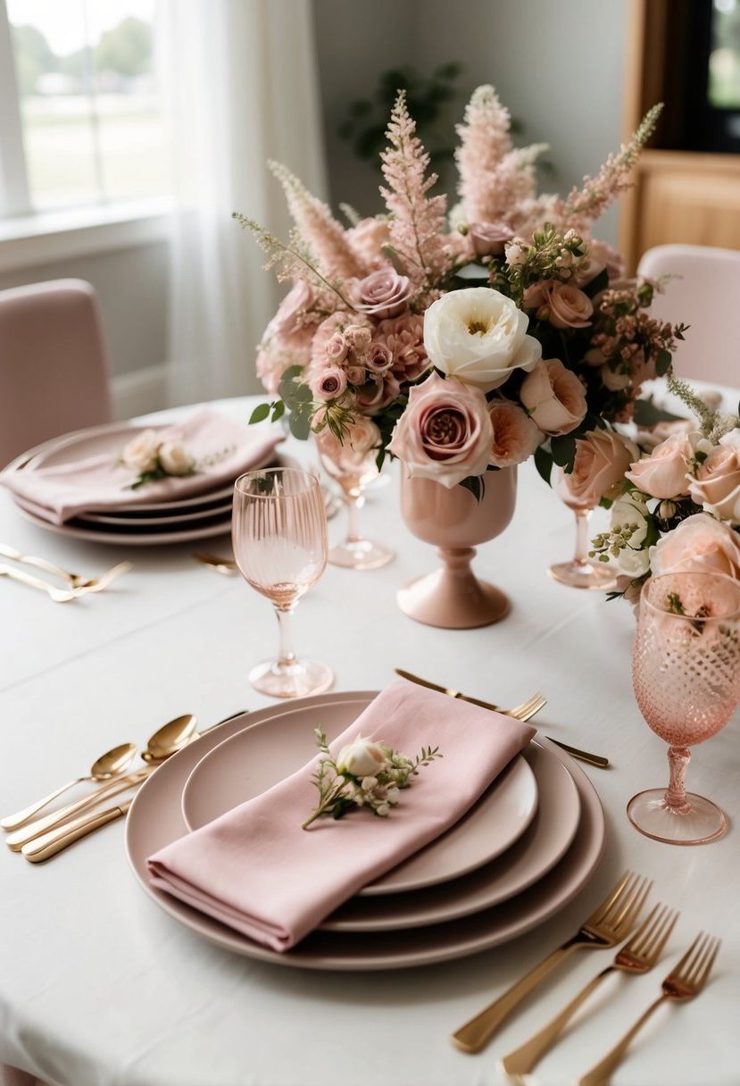 A table set with dusty pink floral centerpieces, rose gold cutlery, and blush napkins, creating an elegant and romantic atmosphere for a home wedding