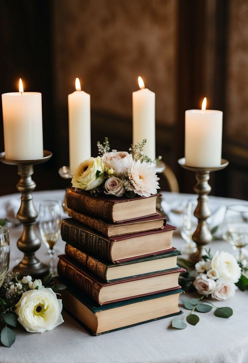 A rustic table with stacks of vintage books, adorned with delicate flowers and candles, creating a charming wedding decoration