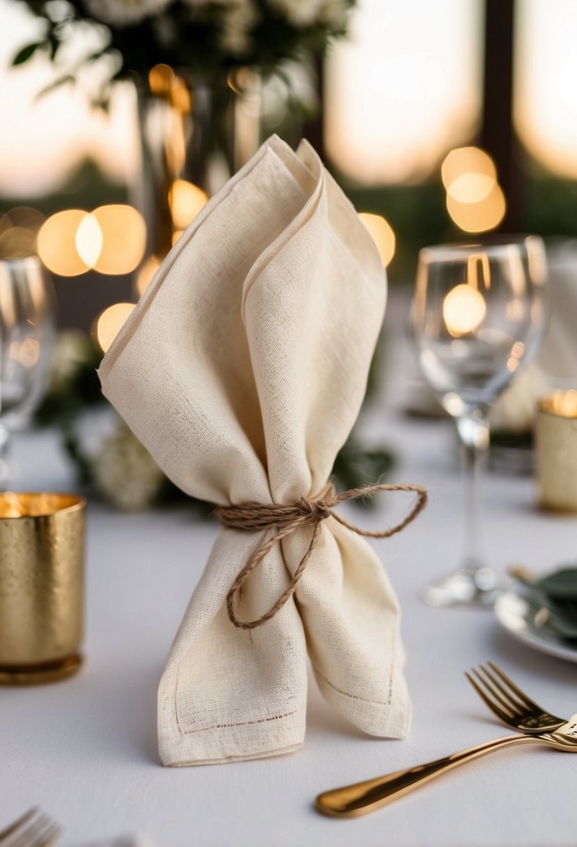Handcrafted cloth napkins tied with twine on a wedding reception table