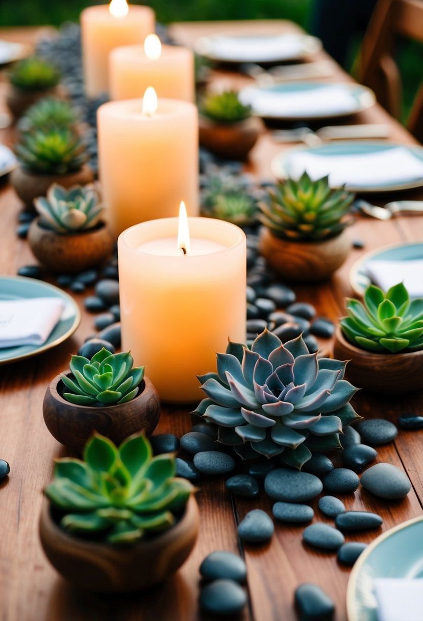 Pebbles scattered among succulents and candles on a wooden wedding table centerpiece