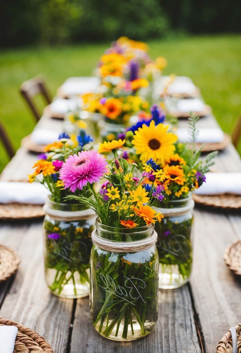 Mason jars filled with colorful wildflowers arranged on rustic wooden tables for a handmade wedding centerpiece