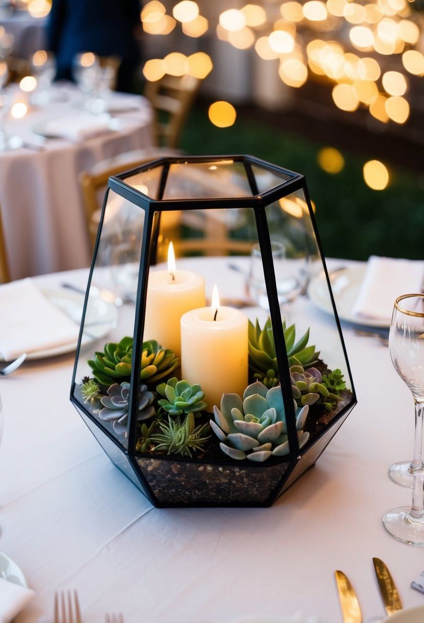 A terrarium filled with succulents and candles sits as a centerpiece on a wedding table