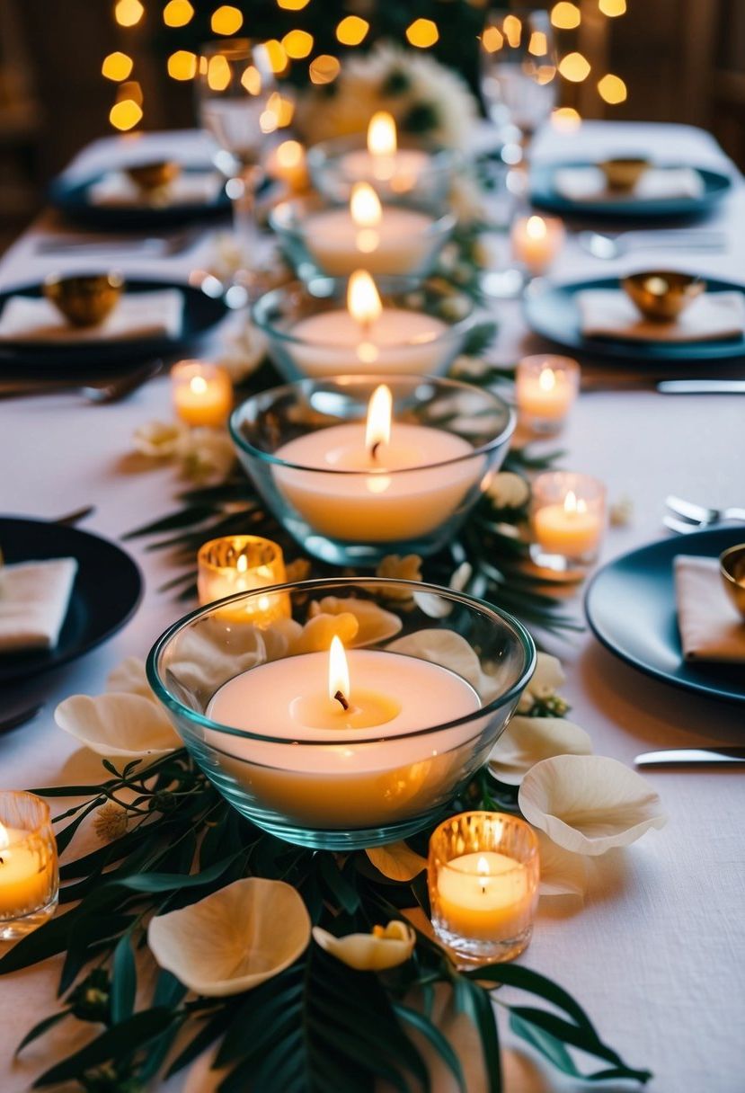A table set with delicate floating candle centerpieces in glass bowls, surrounded by flower petals and twinkling fairy lights