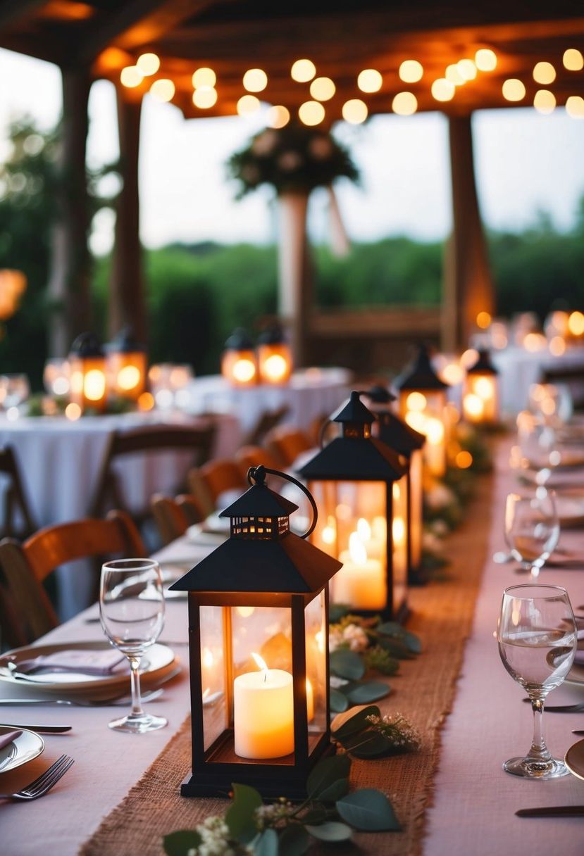 Mini lanterns adorn a rustic wedding table, casting a warm glow on the intimate setting