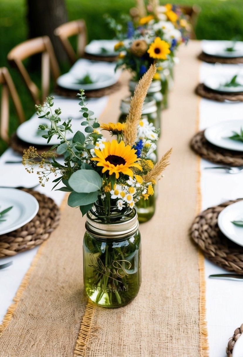 Burlap table runners add rustic charm to a wedding table, with mason jar centerpieces and wildflower bouquets creating a cozy atmosphere