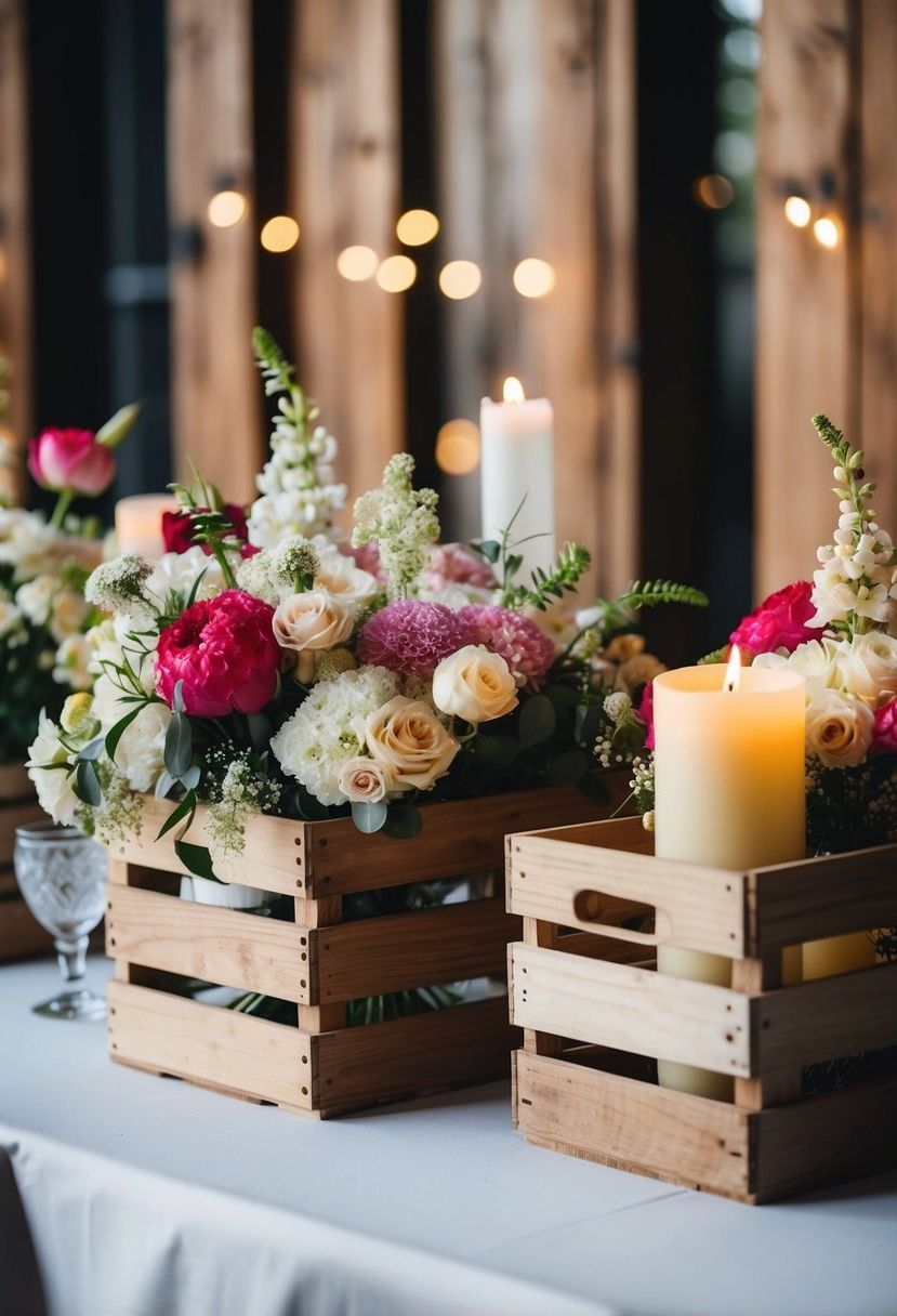 Handmade wooden crates filled with flowers and candles arranged as wedding table decorations