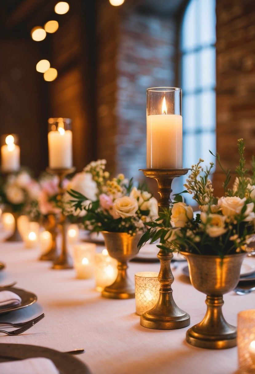 Vintage tea light holders adorn a rustic wedding table, casting a warm glow on delicate floral centerpieces and elegant place settings