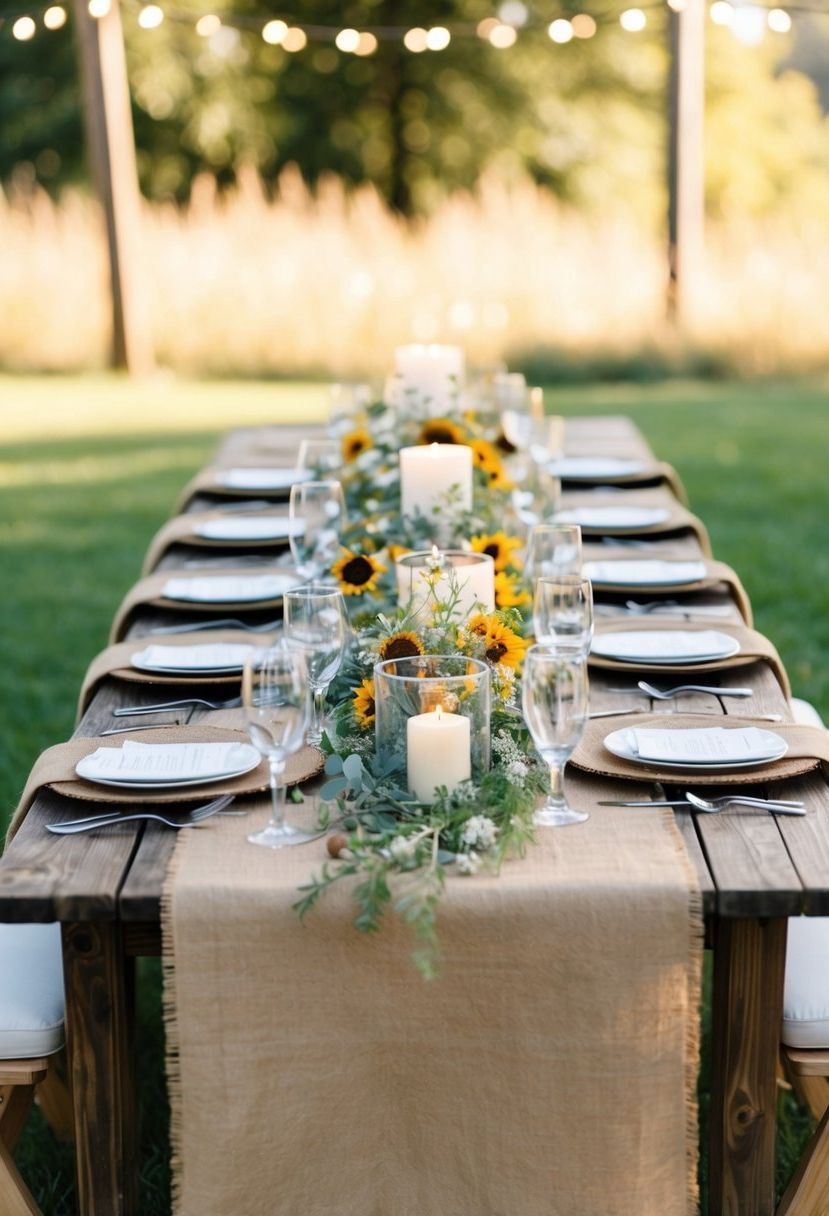 A rustic outdoor wedding table set with burlap table runners, adorned with wildflowers and candles