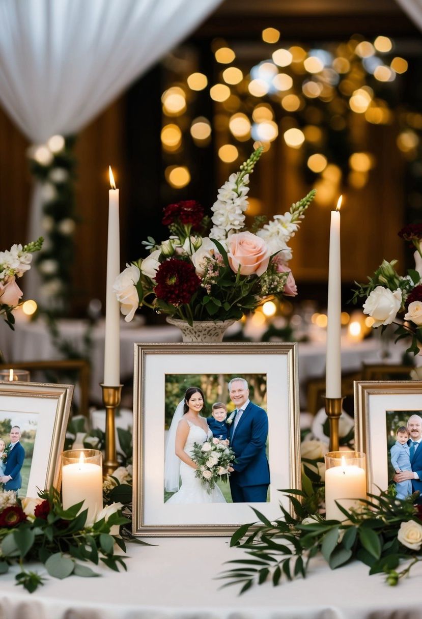 Family photos placed in elegant frames on a wedding table, surrounded by floral arrangements and candles