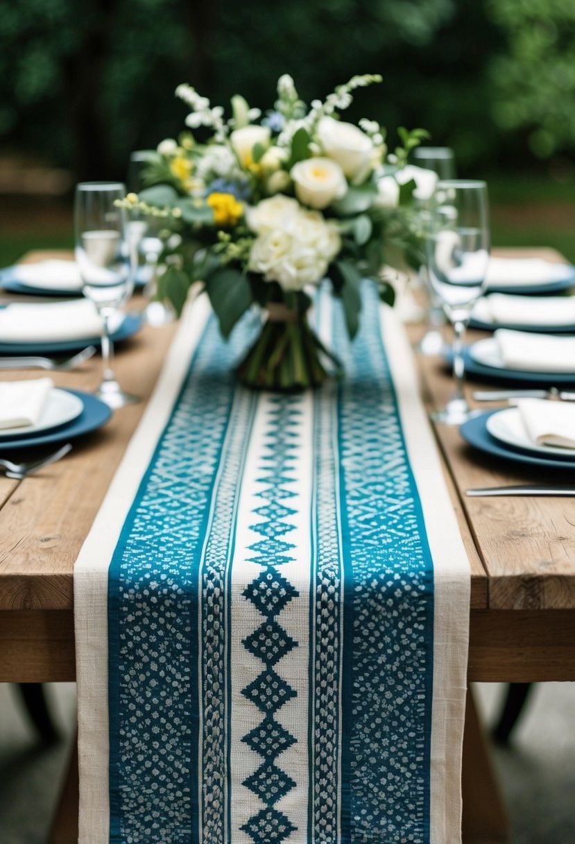 Patterned table runners adorn a rustic wooden table, adding a pop of color and texture to the wedding decor
