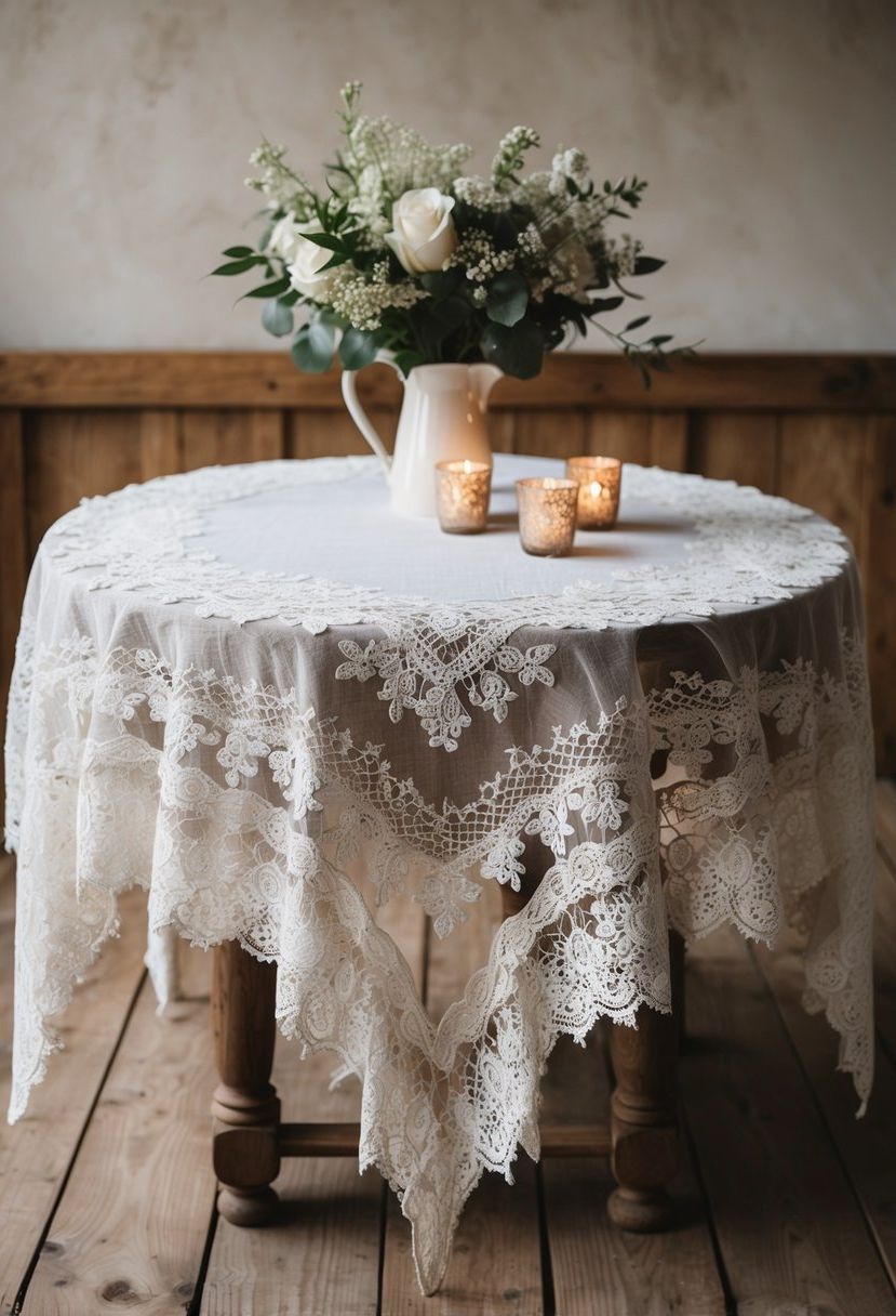 A rustic wooden table adorned with delicate vintage lace tablecloths, creating a romantic and elegant atmosphere for a handmade wedding decoration
