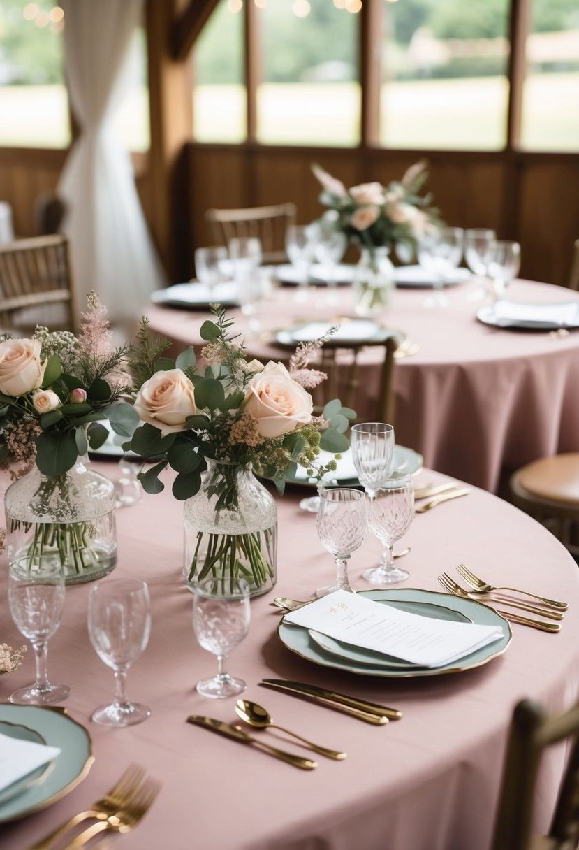 A table set with dusty rose patterned tablecloths and delicate wedding decorations