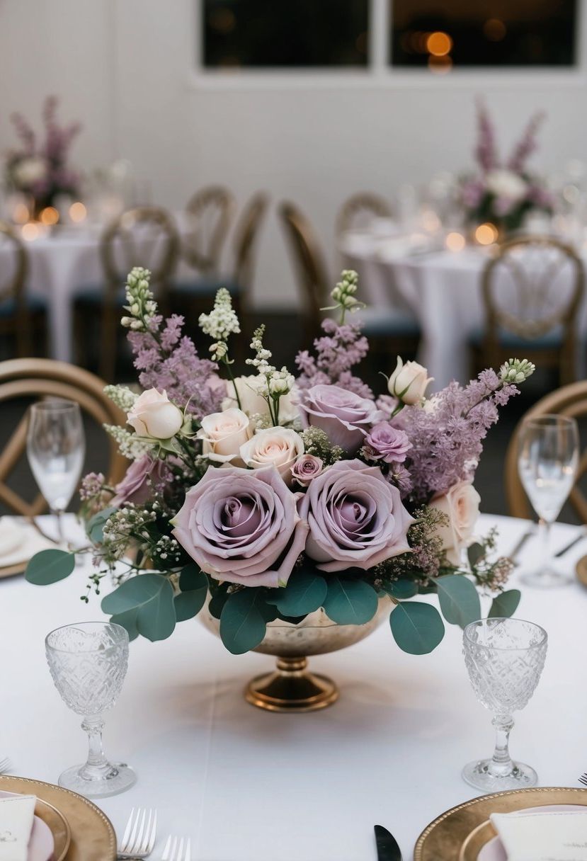 A dusty rose and lilac centerpiece sits on a wedding table, surrounded by delicate floral decorations