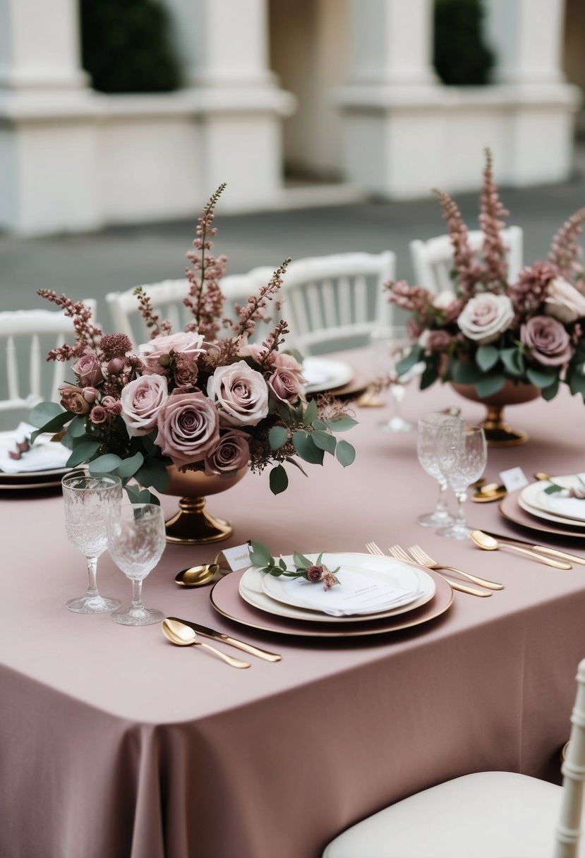 A dusty rose tablecloth adorned with mauve floral centerpieces and matching place settings