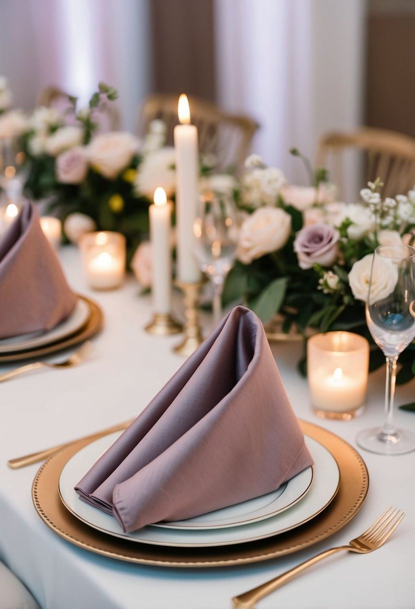 Dusty rose napkins arranged on a wedding reception table with delicate floral centerpieces and soft candlelight
