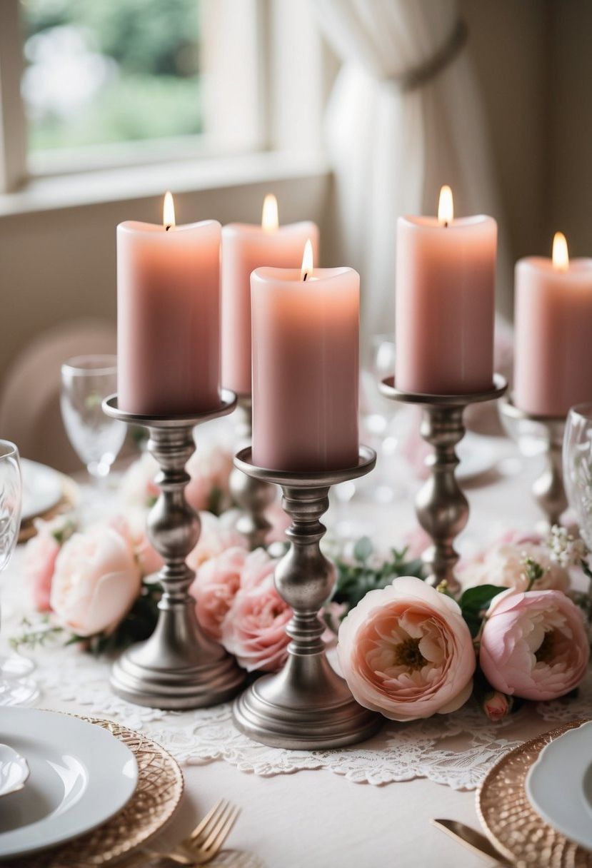 Dusty rose candleholders adorn a wedding table, surrounded by soft pink flowers and delicate lace