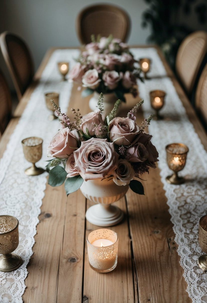 A rustic wooden table adorned with dusty rose floral arrangements, surrounded by delicate lace table runners and vintage candle holders