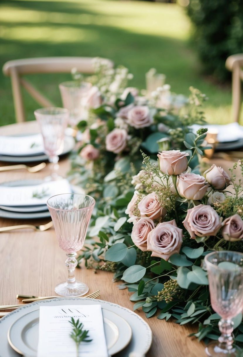 A table adorned with dusty rose flowers and greenery, set for a romantic wedding celebration