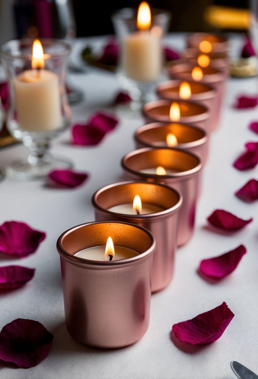 Metallic dusty rose votives arranged on a table with rose petals and candles for a romantic wedding setting