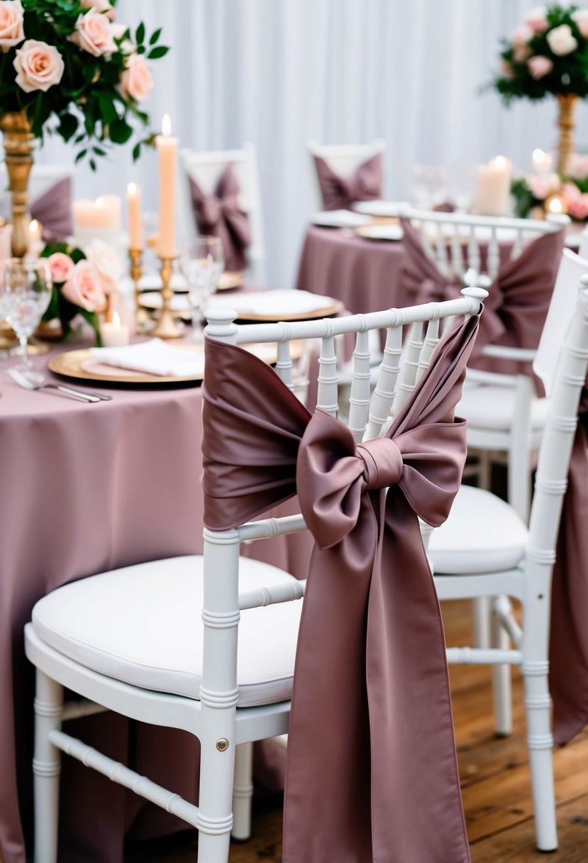Dusty rose chair sashes tied in elegant bows on white chairs, matching table decorations with roses and candles