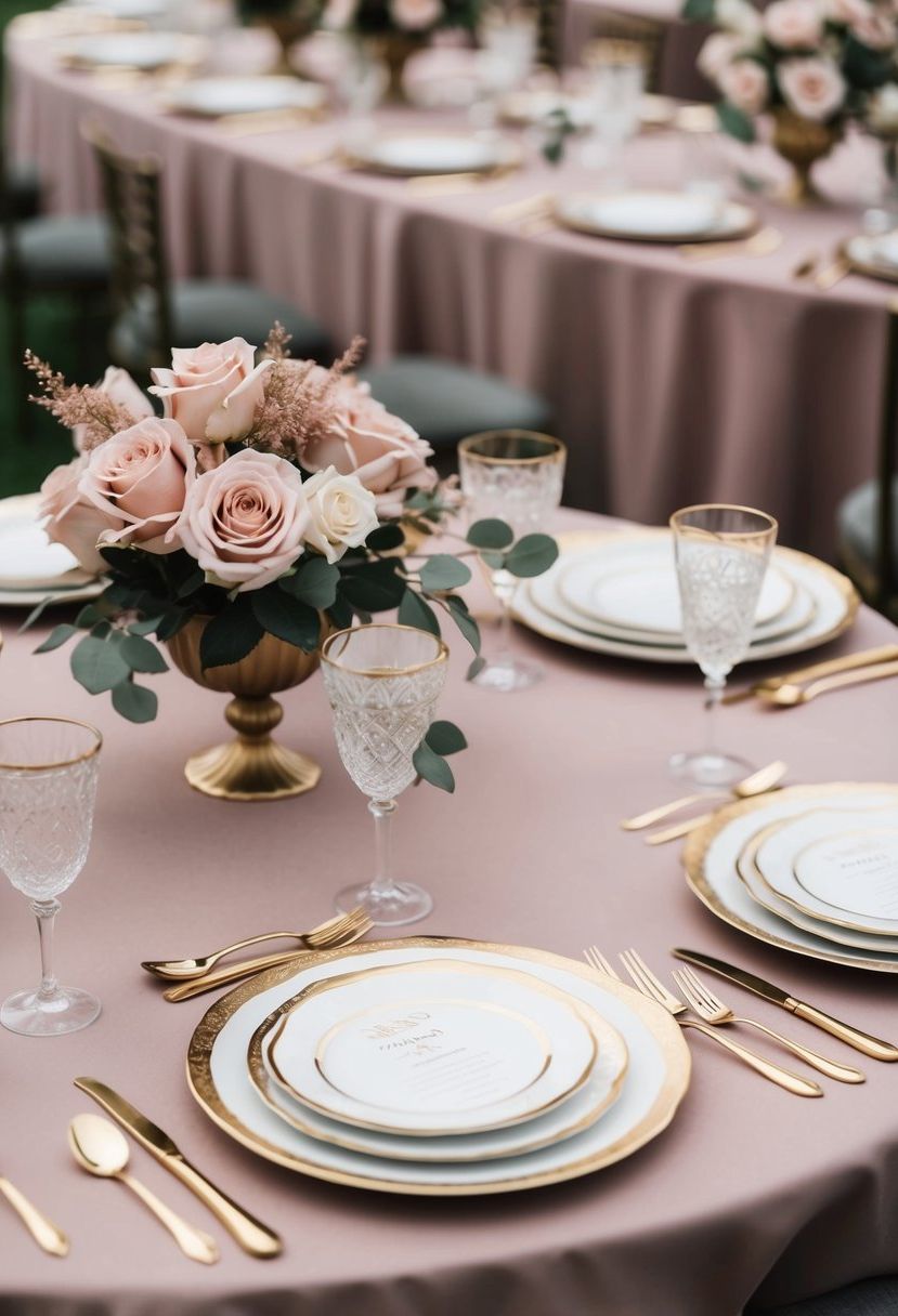 A dusty rose tablecloth adorned with gold-trimmed plates, rose centerpieces, and gold cutlery