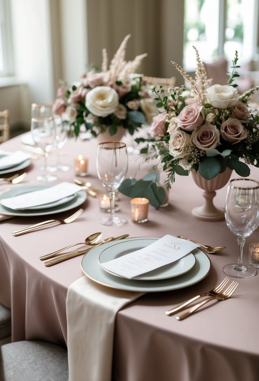A table set with dusty rose and ivory linens, adorned with delicate floral centerpieces and elegant place settings
